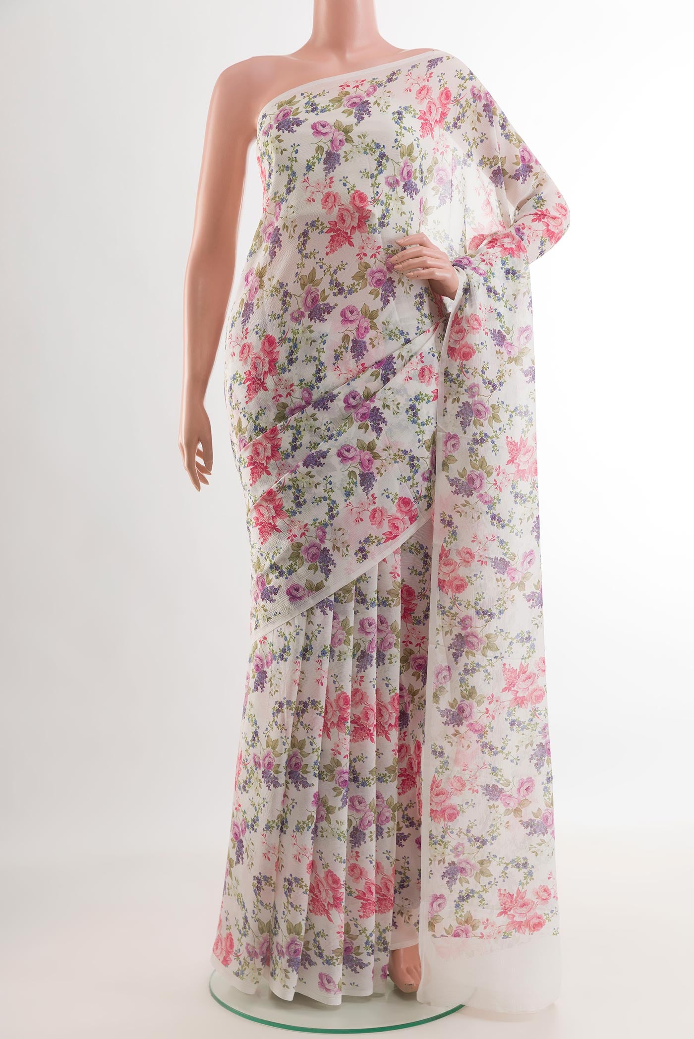 Off White Mysore Chiffon Saree with Floral Print on the body and Without Border.  displayed on a mannequin