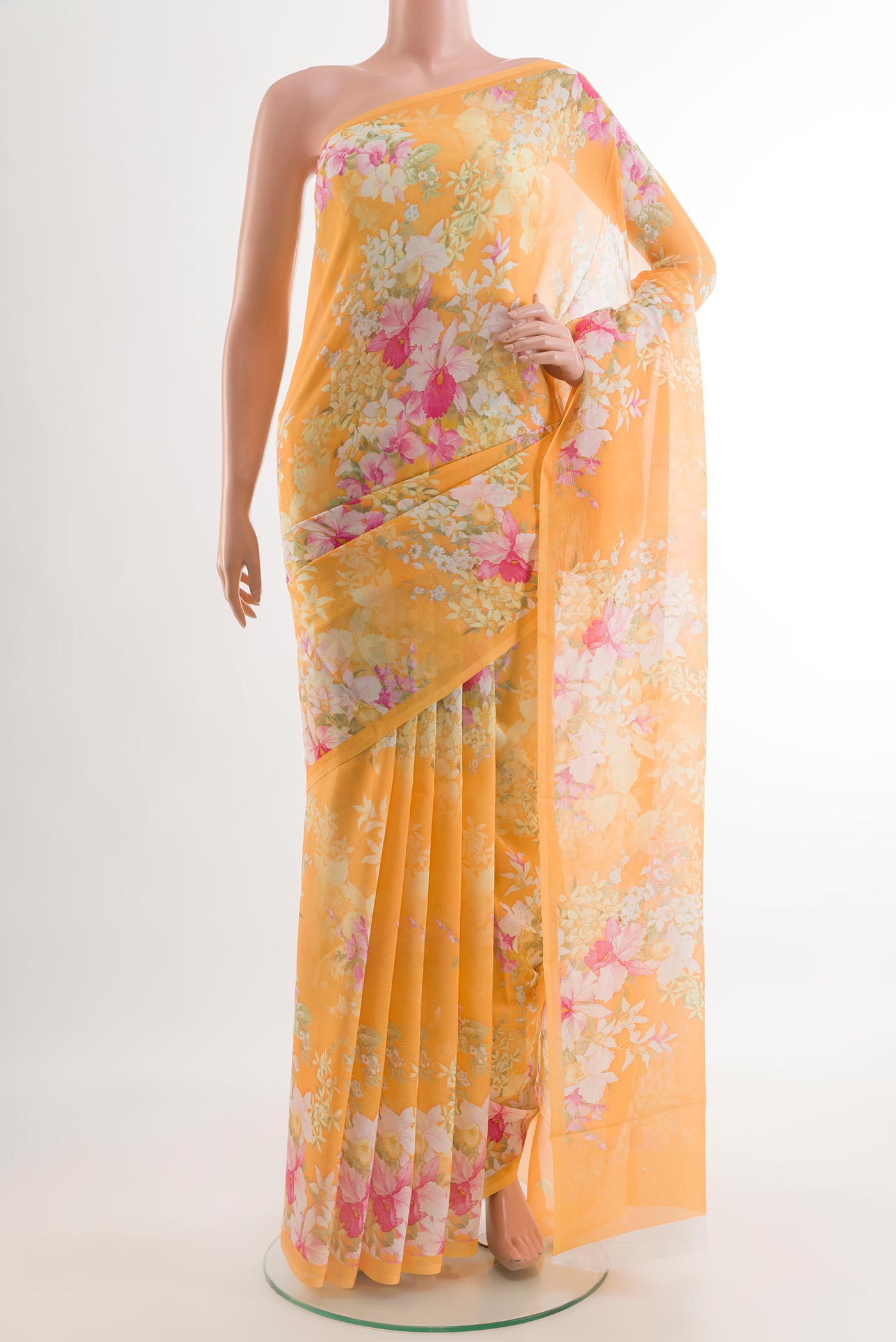 Yellow Mysore Chiffon Saree with Floral Print on the body and Without Border.  displayed on a mannequin