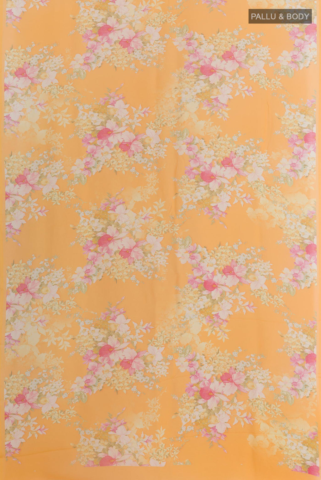 Flat view of Yellow Mysore Chiffon Saree with Floral Print on the body and Without Border. 