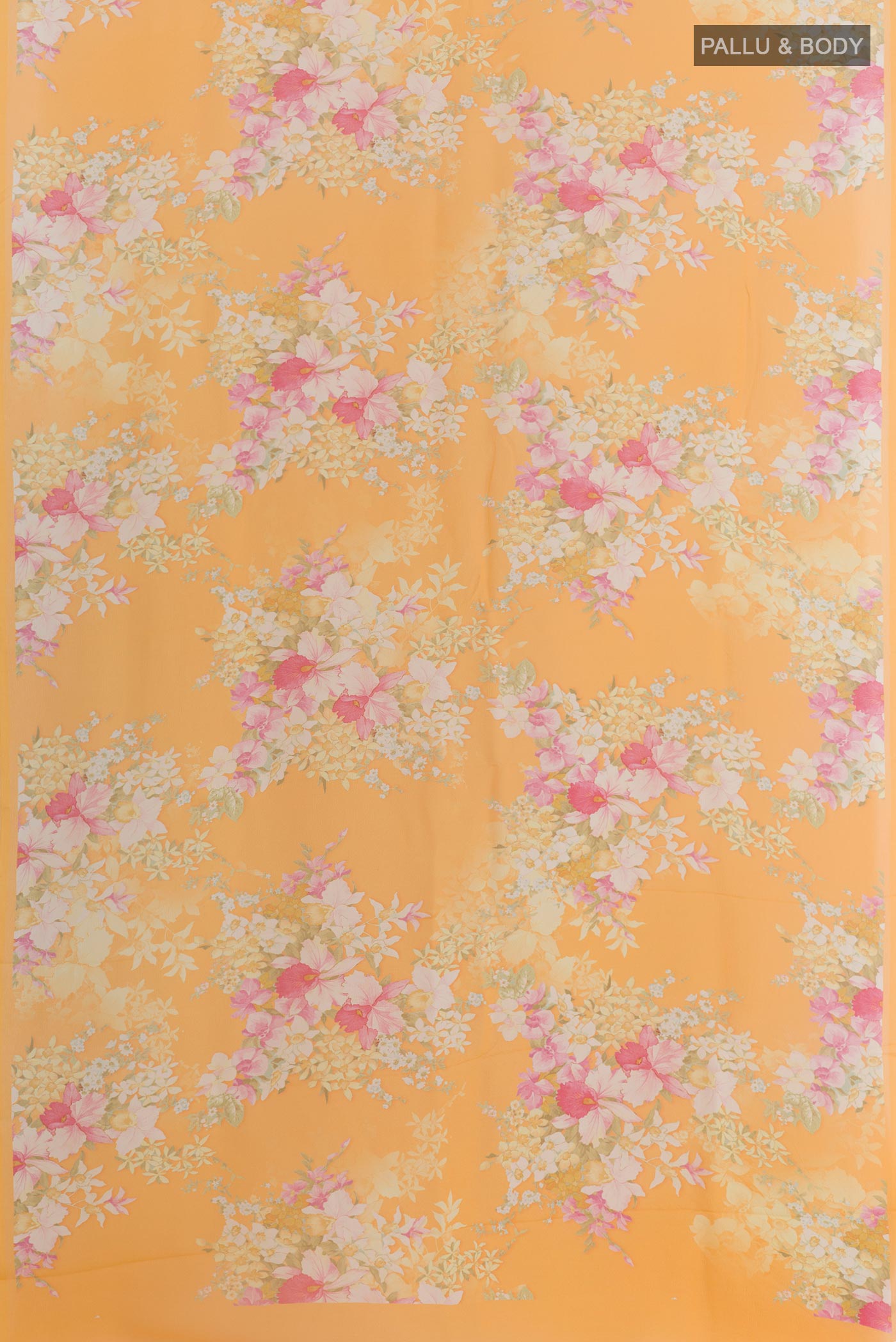 Flat view of Yellow Mysore Chiffon Saree with Floral Print on the body and Without Border. 