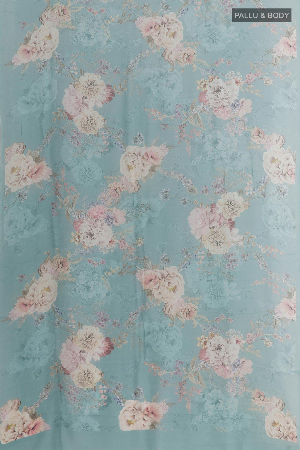 Flat view of Blue Mysore Chiffon Saree with Floral Print on the body and Plain Border. 