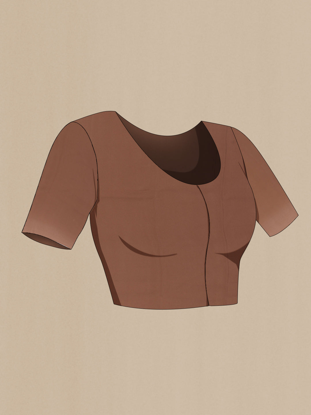 Close up image of the blouse of Brown Chiffon Saree with Printed design on the body and Zari Border. 