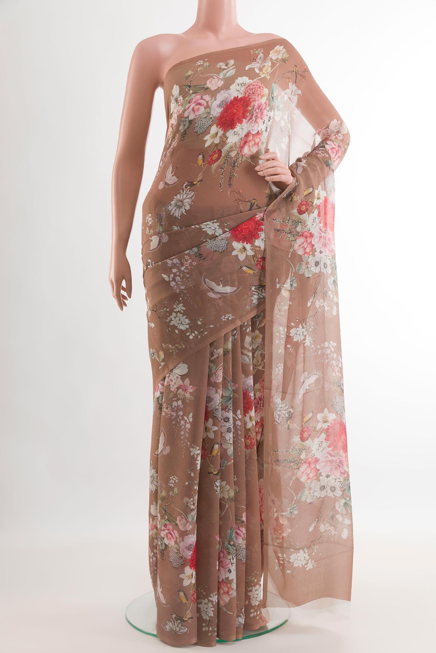 Brown Chiffon Saree with Printed design on the body and Zari Border.  displayed on a mannequin