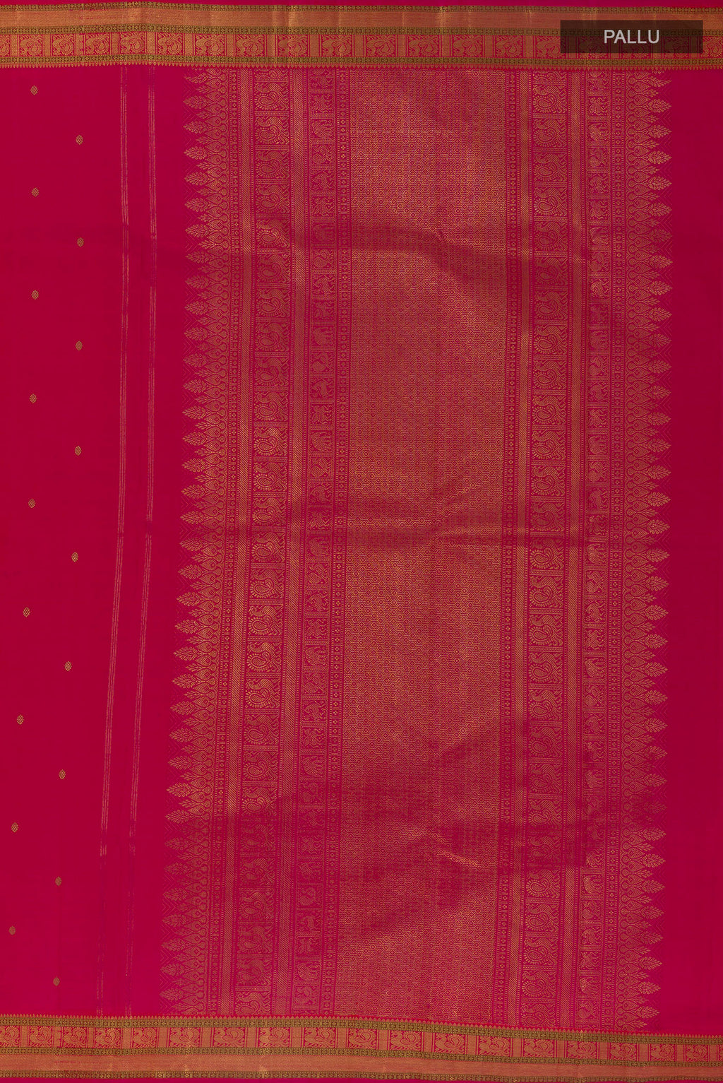 Close up image of the pallu of Pure Silk Pure Zari Pink Kanjivaram Saree with Zari Butta on the body and Zari Border. 
