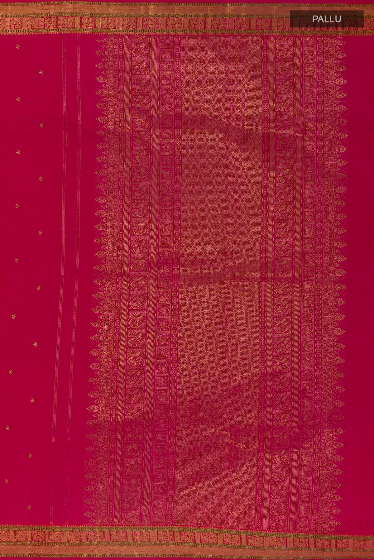 Close up image of the pallu of Pure Silk Pure Zari Pink Kanjivaram Saree with Zari Butta on the body and Zari Border. 