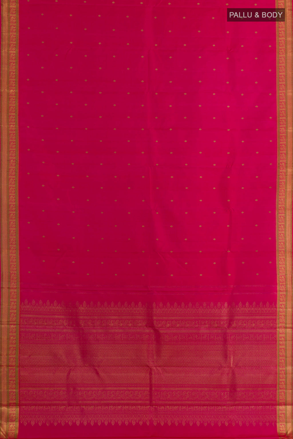Flat view of Pure Silk Pure Zari Pink Kanjivaram Saree with Zari Butta on the body and Zari Border. 