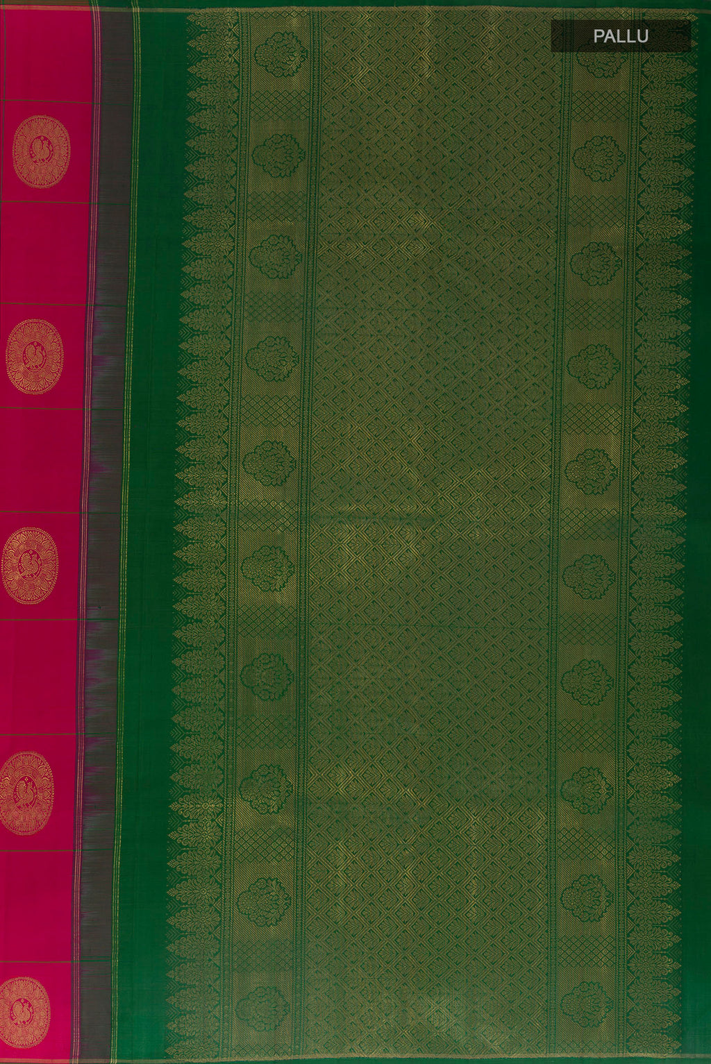 Close up image of the pallu of Pure Silk Pure Zari Pink Kanchipuram Saree with Checked design on the body and Zari Border. 