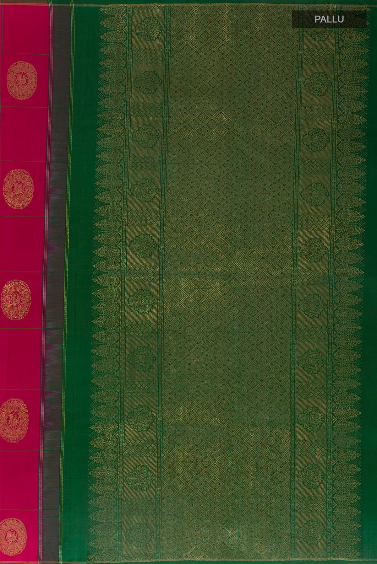 Close up image of the pallu of Pure Silk Pure Zari Pink Kanchipuram Saree with Checked design on the body and Zari Border. 