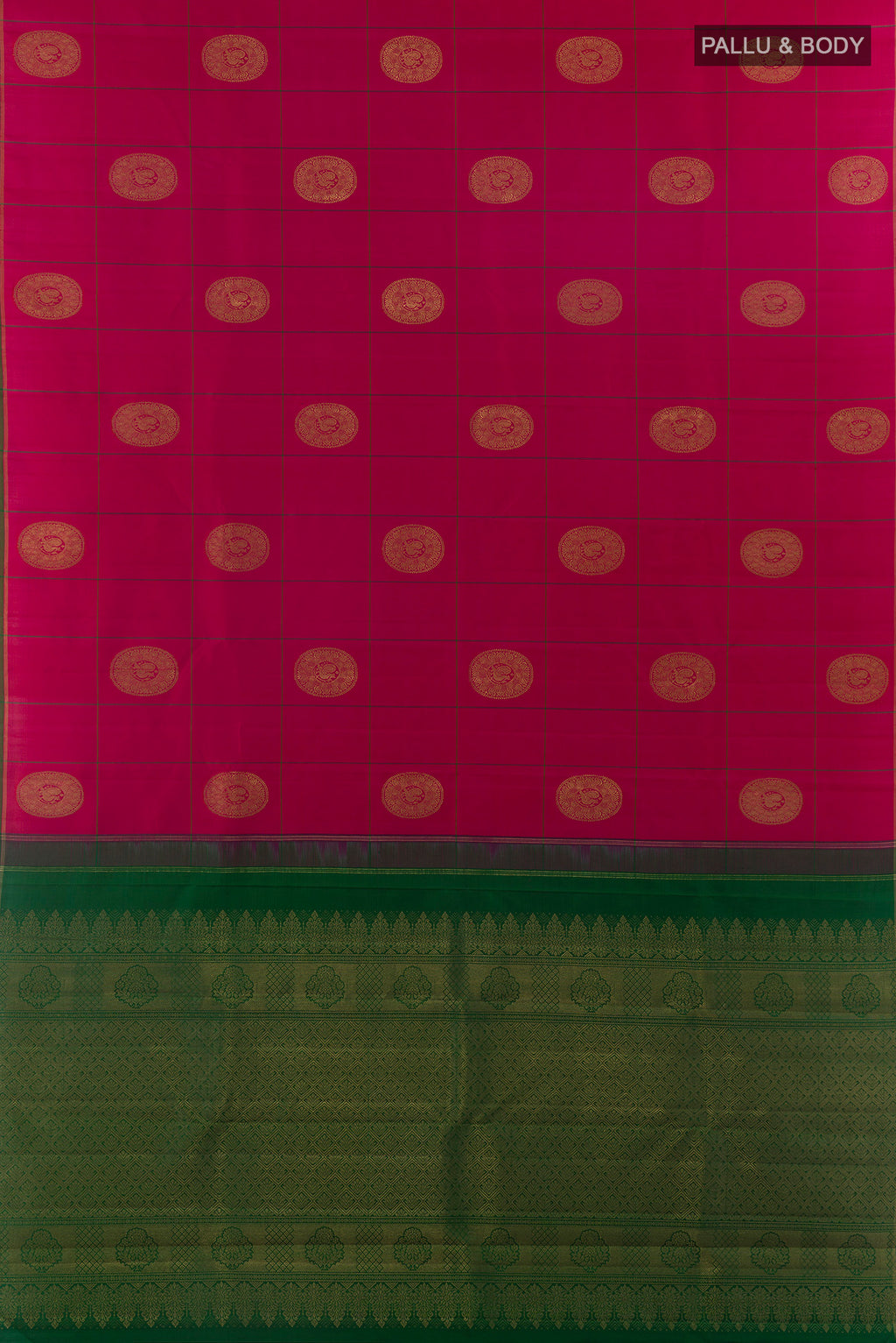 Flat view of Pure Silk Pure Zari Pink Kanchipuram Saree with Checked design on the body and Zari Border. 