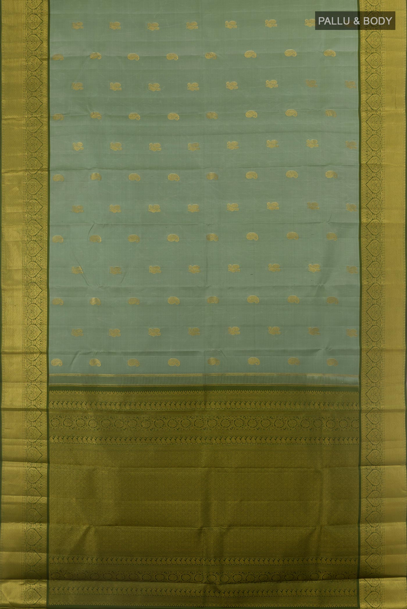 Flat view of Grey Kanchipuram Silk Saree with Zari Butta on the body and Zari Border. 