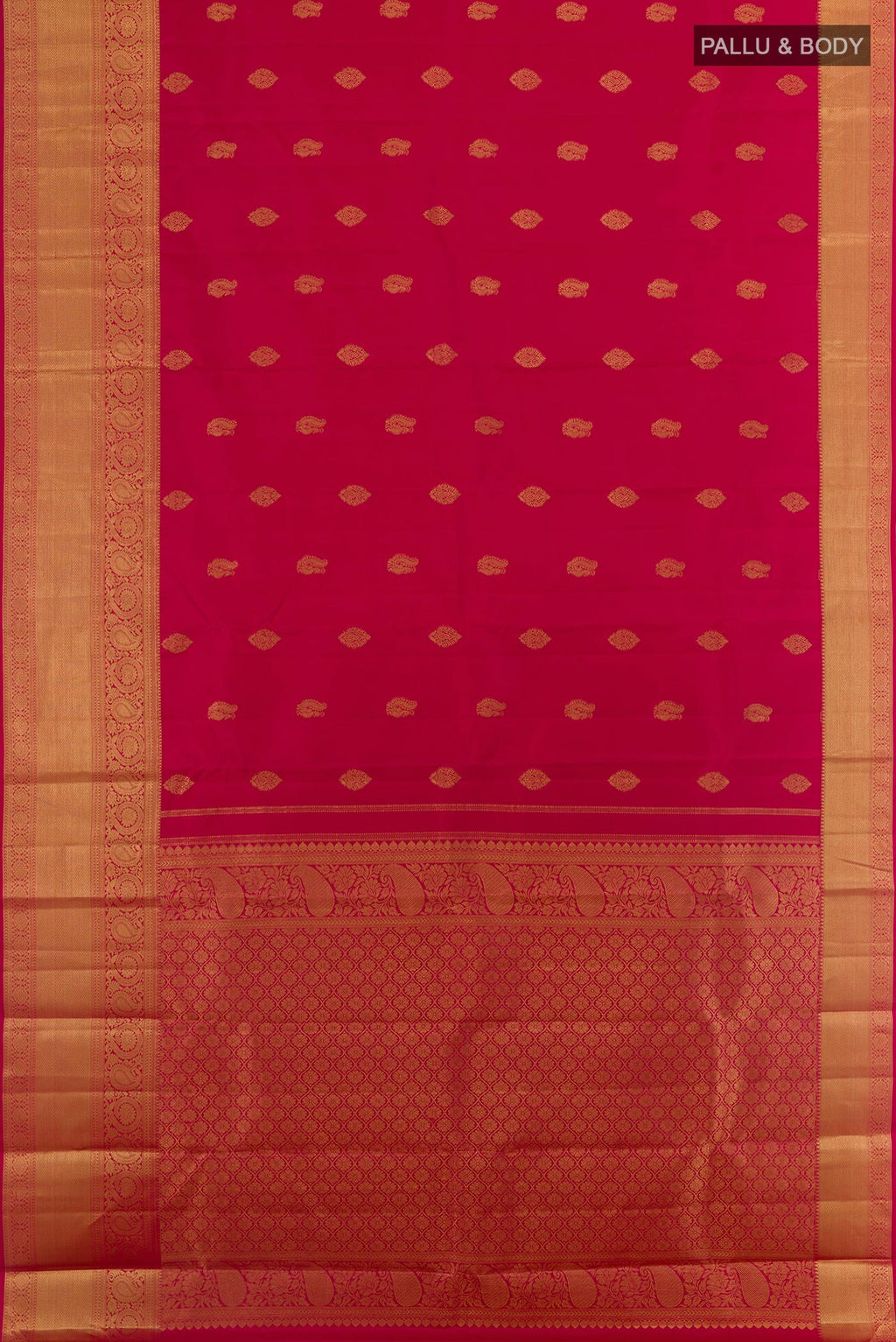 Flat view of Red Kanchipuram Silk Saree with Zari Butta on the body and Zari Border. 