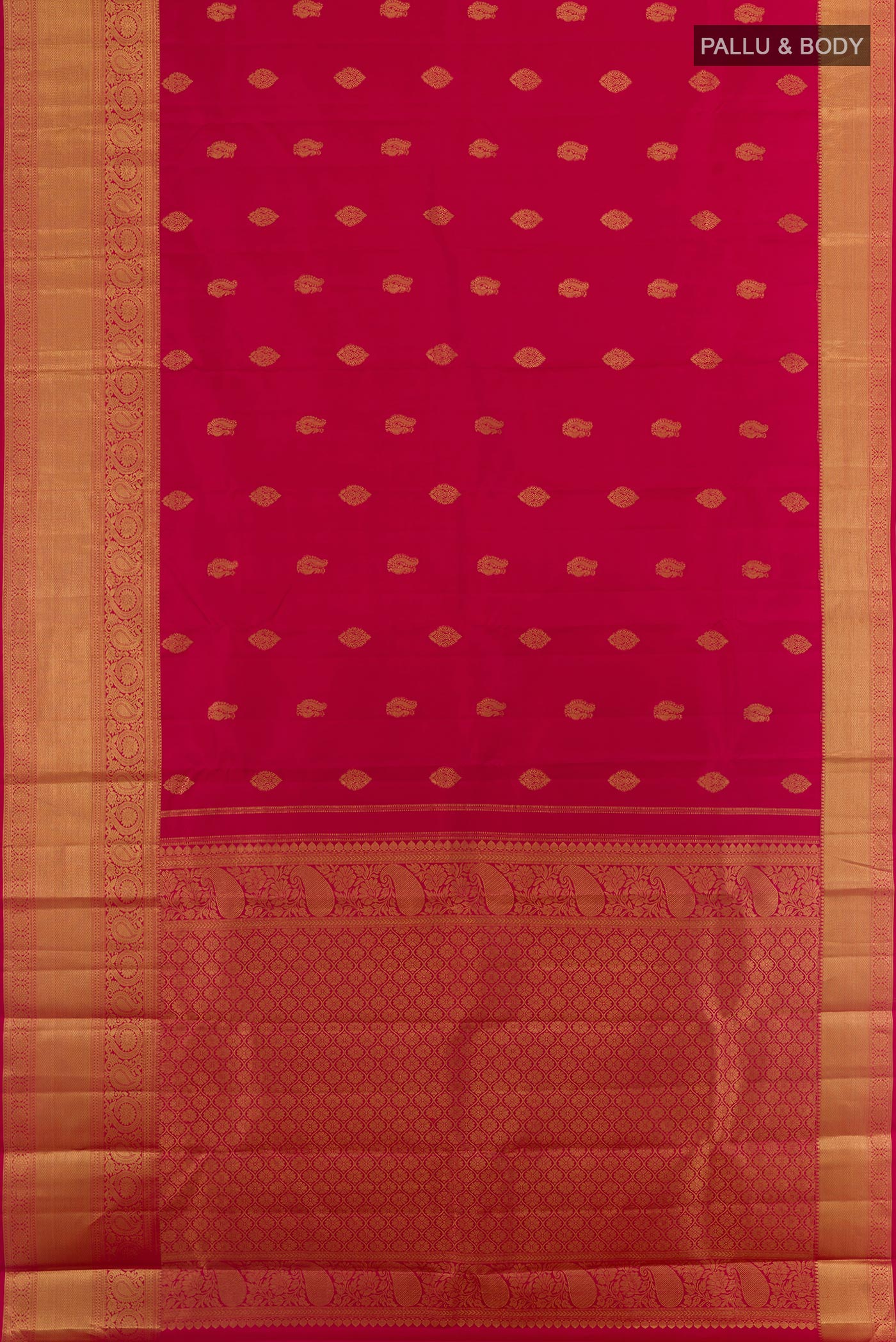 Flat view of Red Kanchipuram Silk Saree with Zari Butta on the body and Zari Border. 