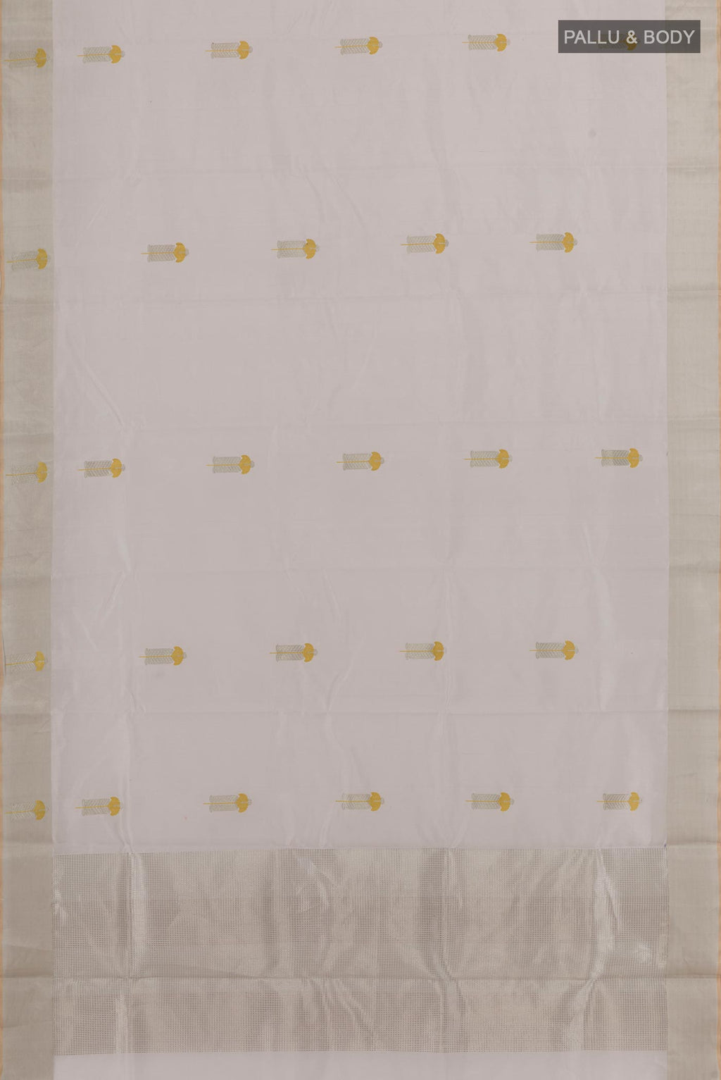 Flat view of Off White Chanderi Silk Saree with Zari Butta on the body and Zari Border. 