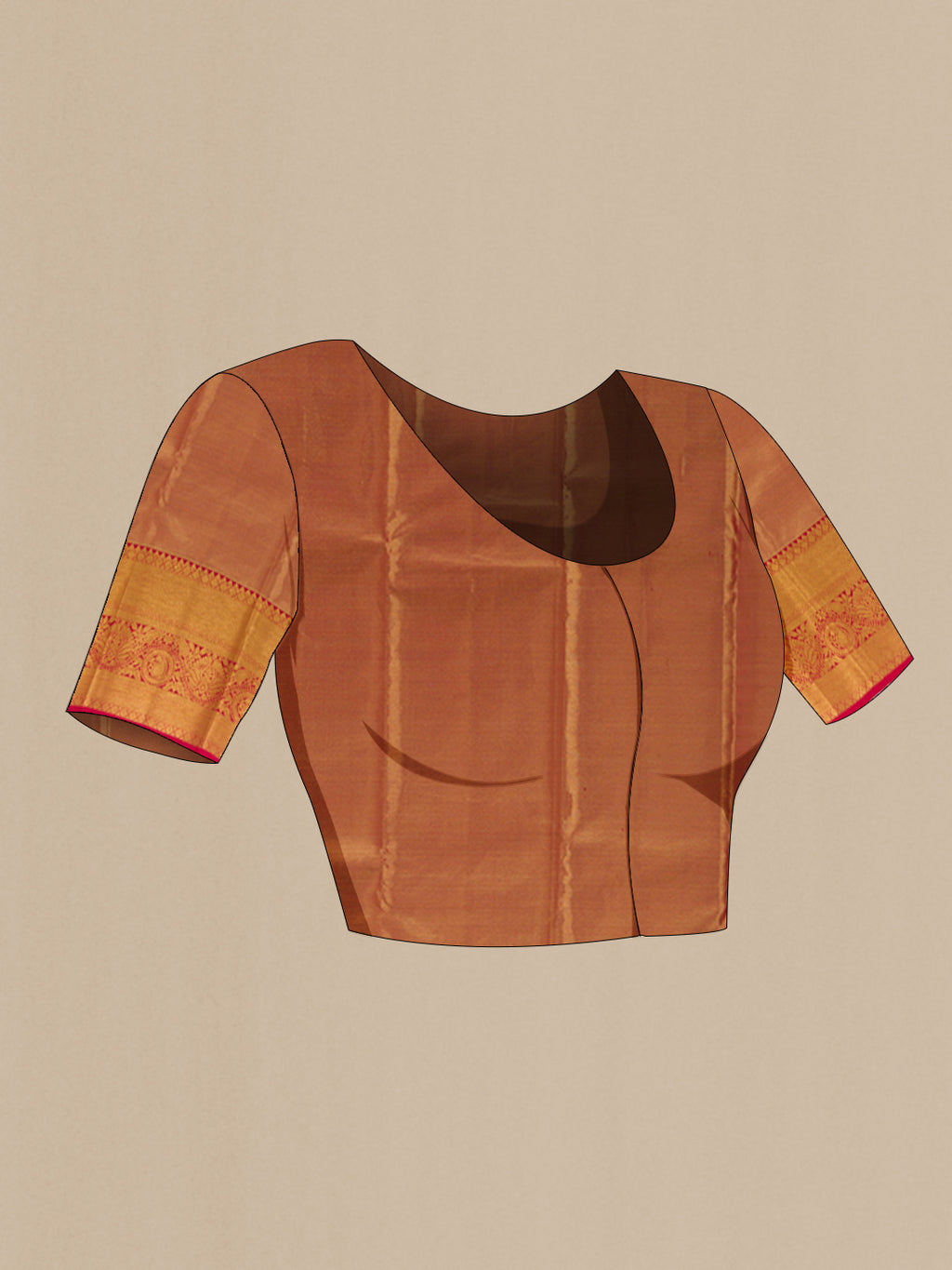 Close up image of the blouse of Peach Kanchipuram Silk Saree with Zari Brocade on the body and Zari Border. 