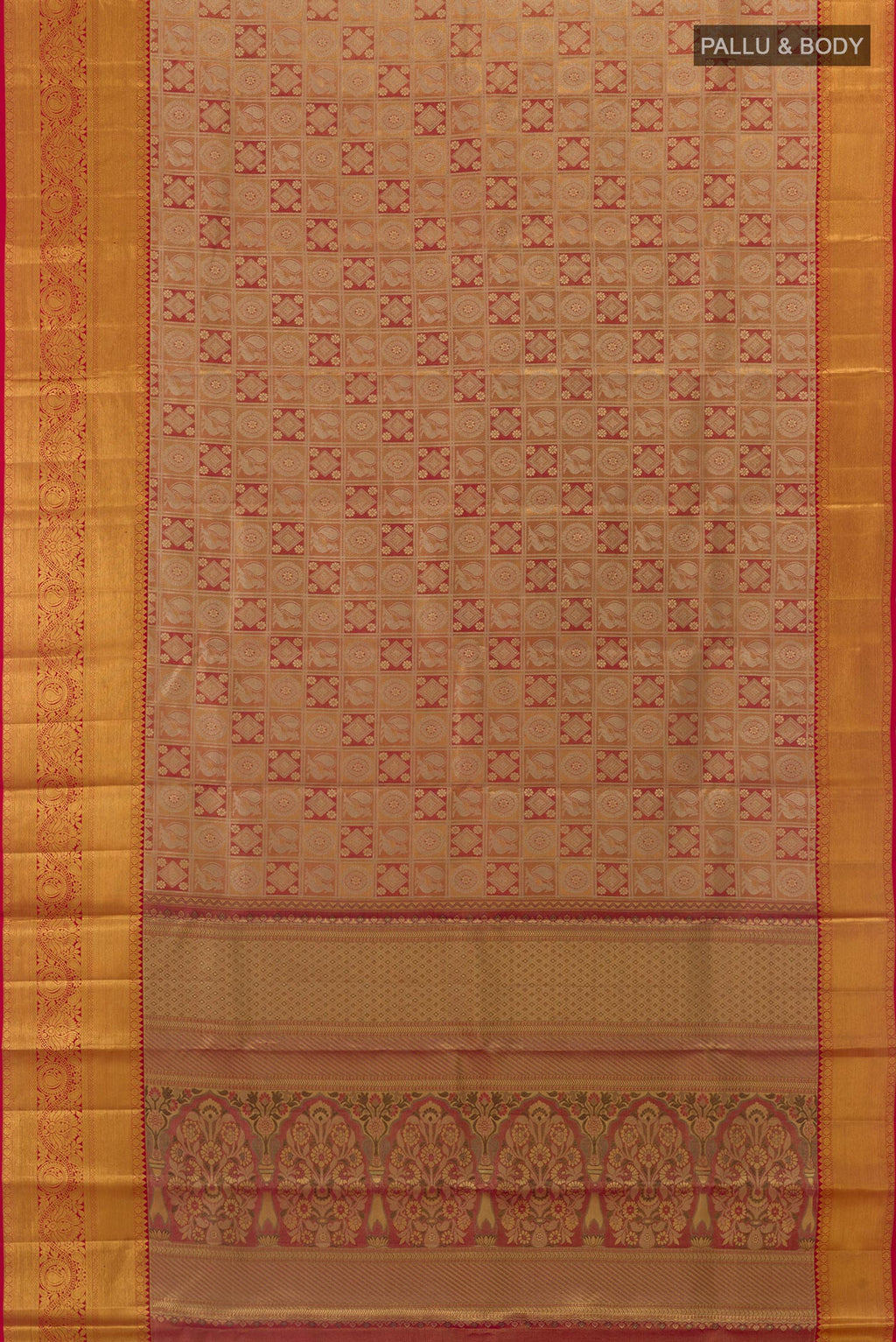 Flat view of Peach Kanchipuram Silk Saree with Zari Brocade on the body and Zari Border. 