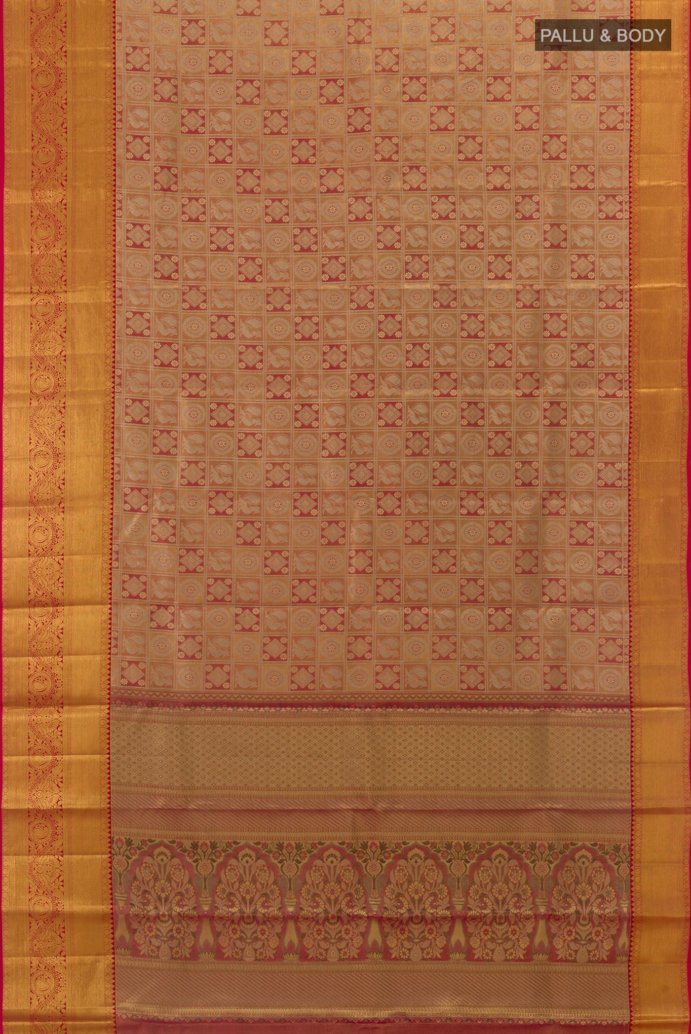 Flat view of Peach Kanchipuram Silk Saree with Zari Brocade on the body and Zari Border. 