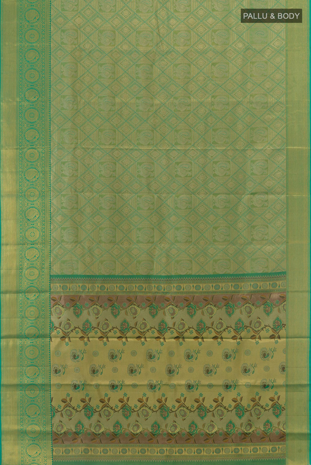 Flat view of Sea Green Kanchipuram Silk Saree with Zari Brocade on the body and Zari Border. 