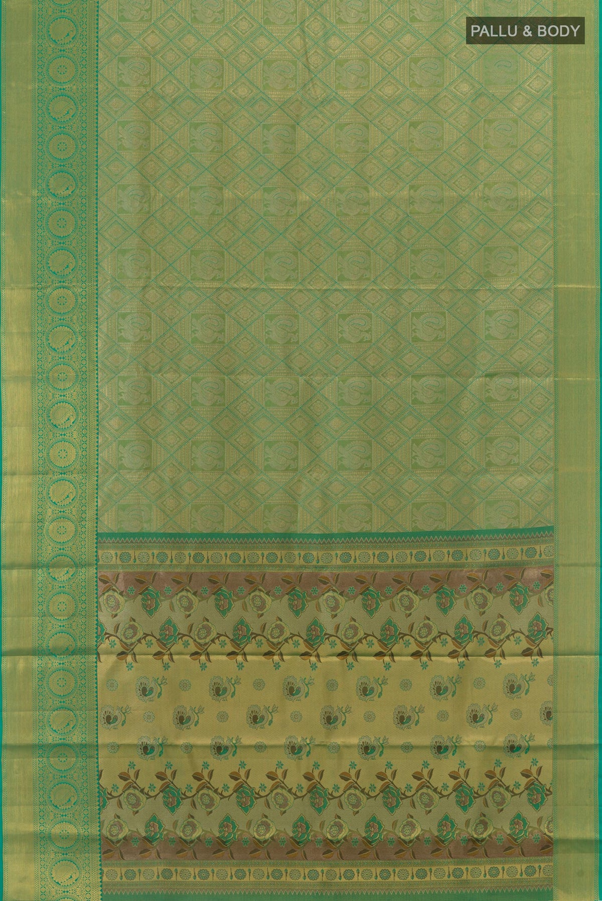 Flat view of Sea Green Kanchipuram Silk Saree with Zari Brocade on the body and Zari Border. 