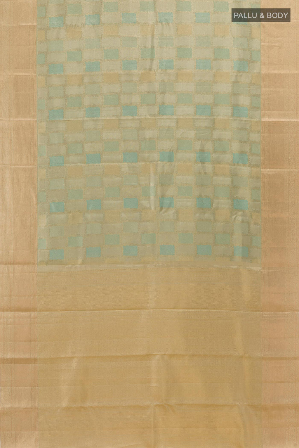 Flat view of Blue Kanjivaram Silk Saree with Zari Brocade on the body and Zari Border. 