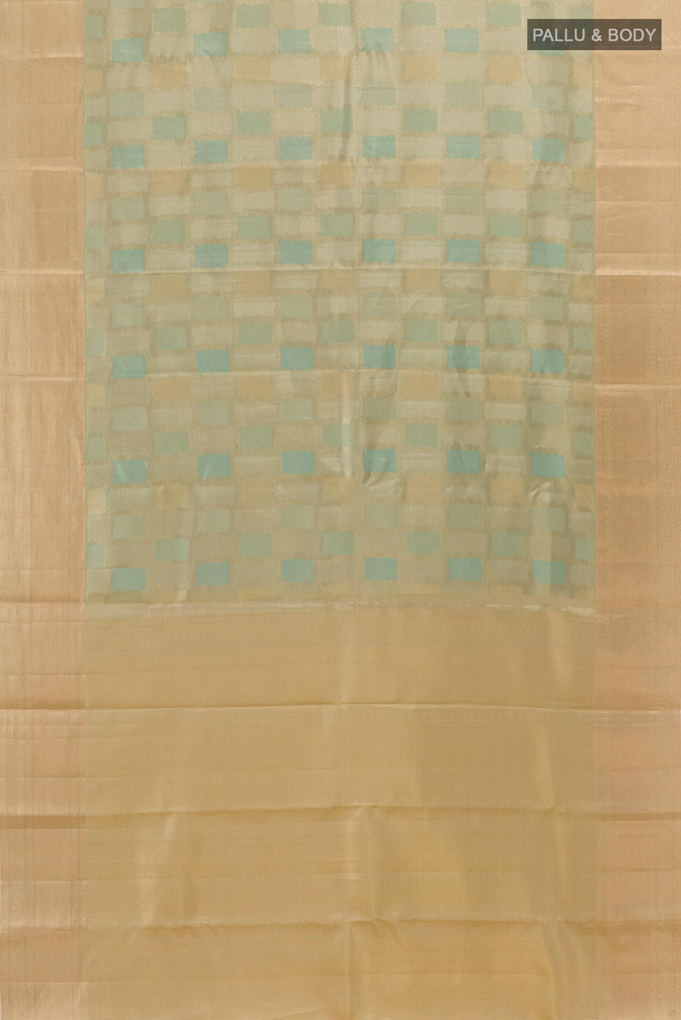 Flat view of Blue Kanjivaram Silk Saree with Zari Brocade on the body and Zari Border. 