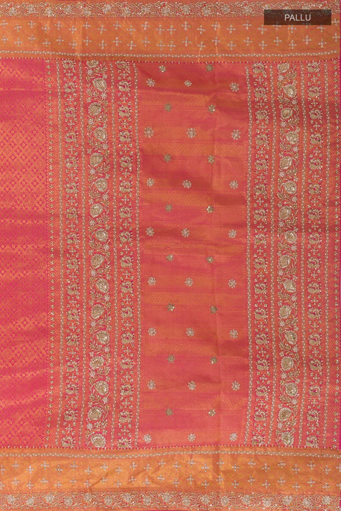Close up image of the pallu of Pink Kanjivaram Silk Saree with Zari Brocade on the body and Zari Border. 