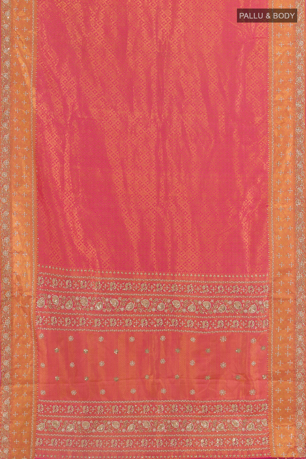 Flat view of Pink Kanjivaram Silk Saree with Zari Brocade on the body and Zari Border. 