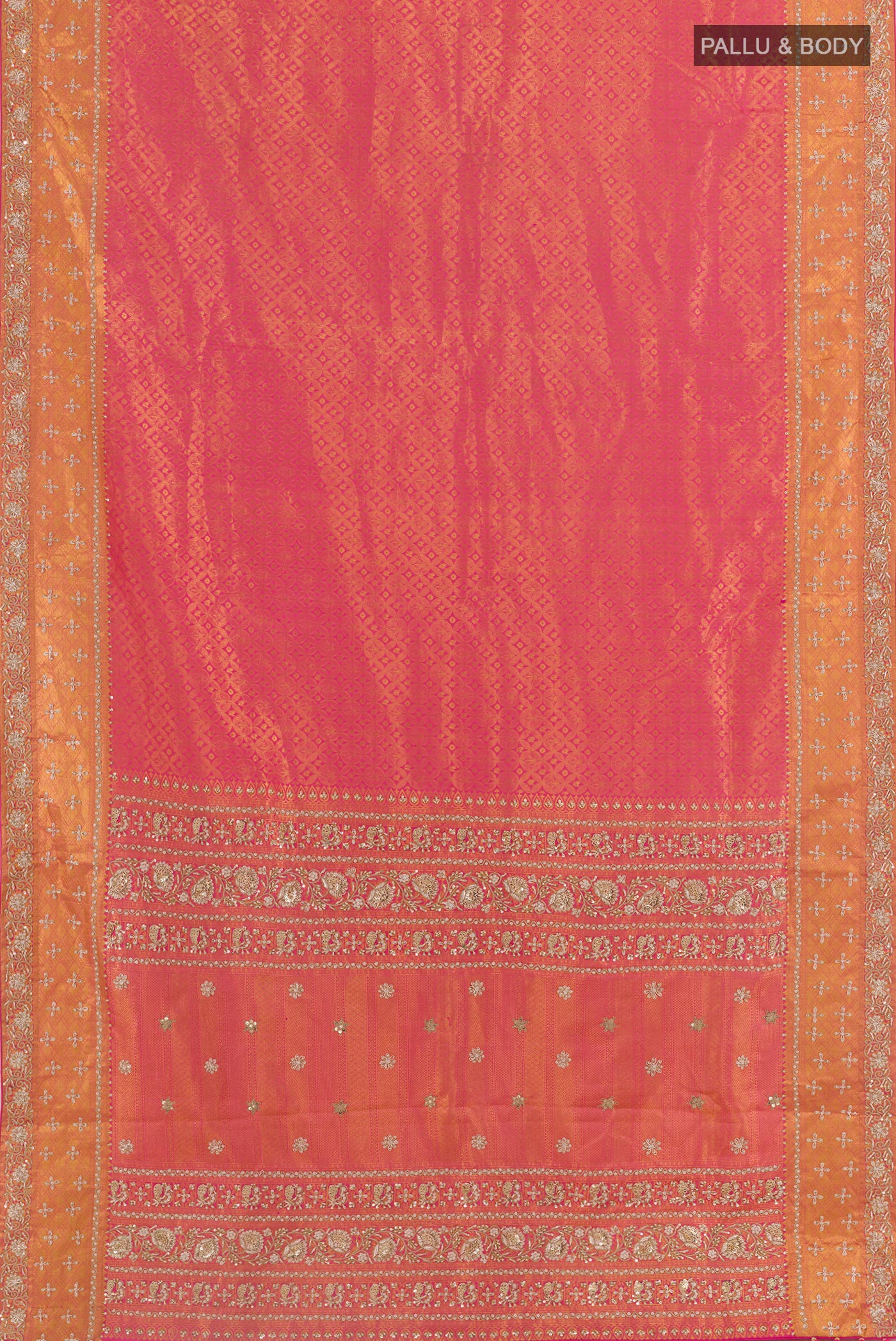 Flat view of Pink Kanjivaram Silk Saree with Zari Brocade on the body and Zari Border. 