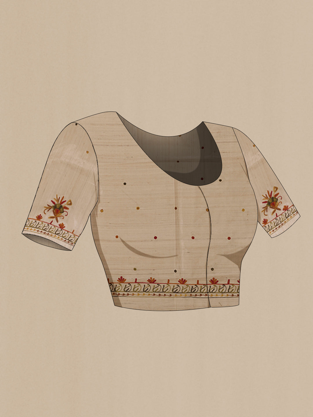 Close up image of the blouse of Beige Tussar Silk Saree with Embroidery on the body and Embroidery Border. 