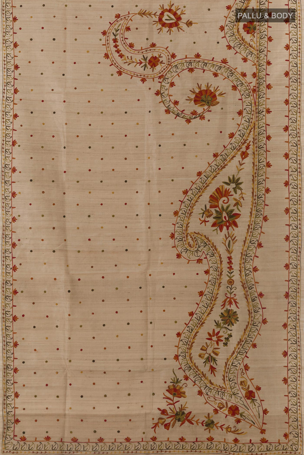 Flat view of Beige Tussar Silk Saree with Embroidery on the body and Embroidery Border. 