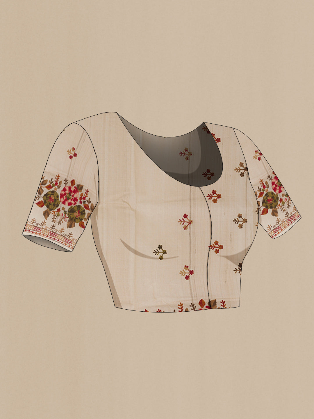Close up image of the blouse of Beige Tussar Silk Saree with Embroidery on the body and Embroidery Border. 