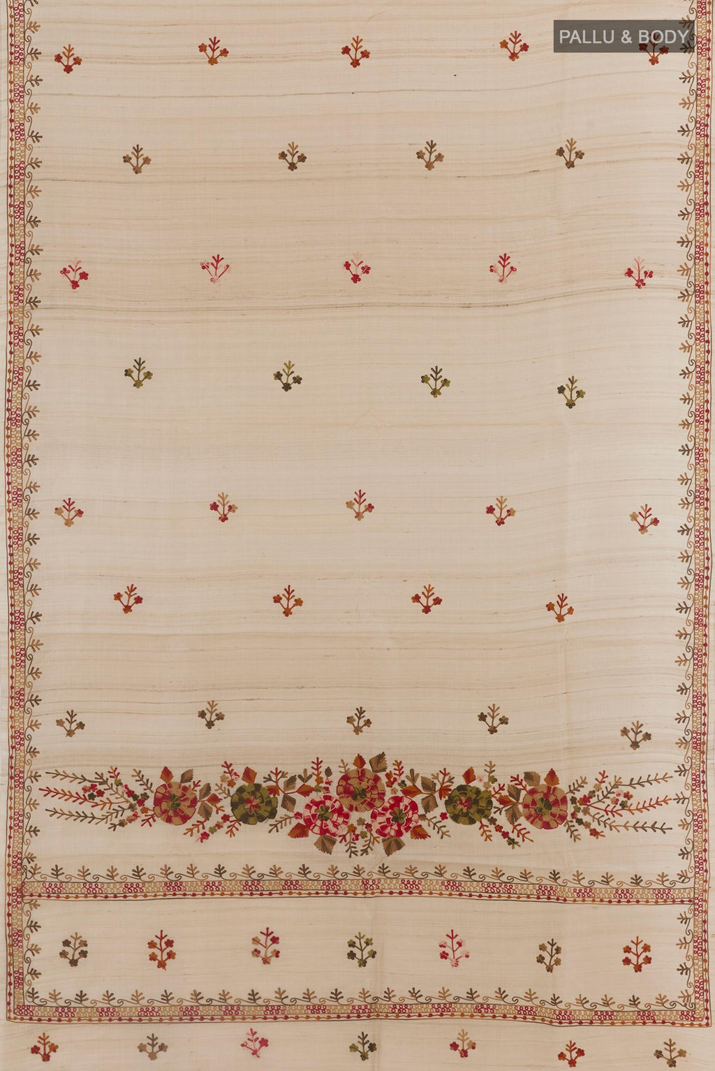 Flat view of Beige Tussar Silk Saree with Embroidery on the body and Embroidery Border. 