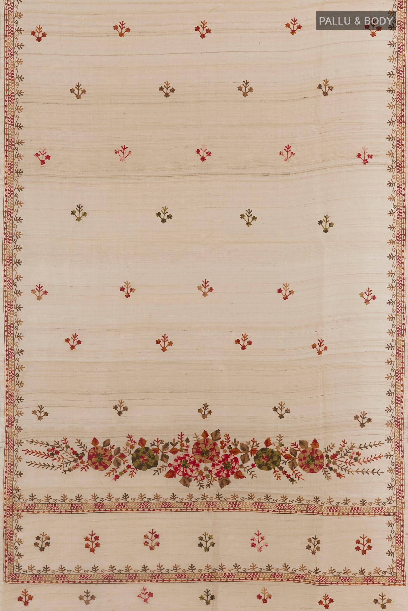 Flat view of Beige Tussar Silk Saree with Embroidery on the body and Embroidery Border. 