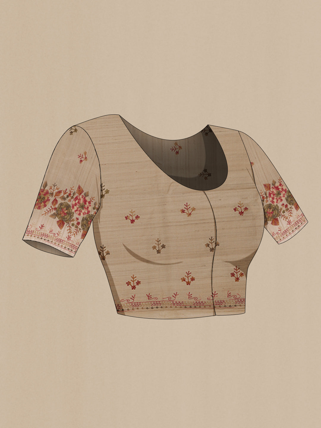 Close up image of the blouse of Beige Tussar Silk Saree with Embroidery on the body and Embroidery Border. 