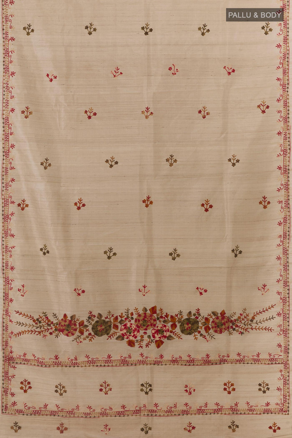 Flat view of Beige Tussar Silk Saree with Embroidery on the body and Embroidery Border. 