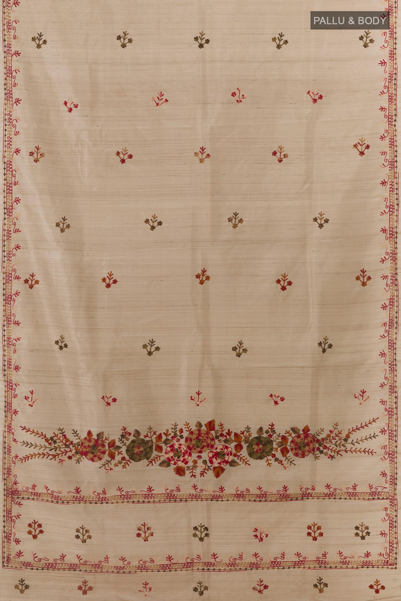 Flat view of Beige Tussar Silk Saree with Embroidery on the body and Embroidery Border. 
