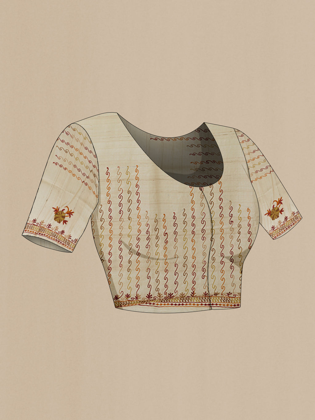 Close up image of the blouse of Beige Tussar Silk Saree with Embroidery on the body and Embroidery Border. 