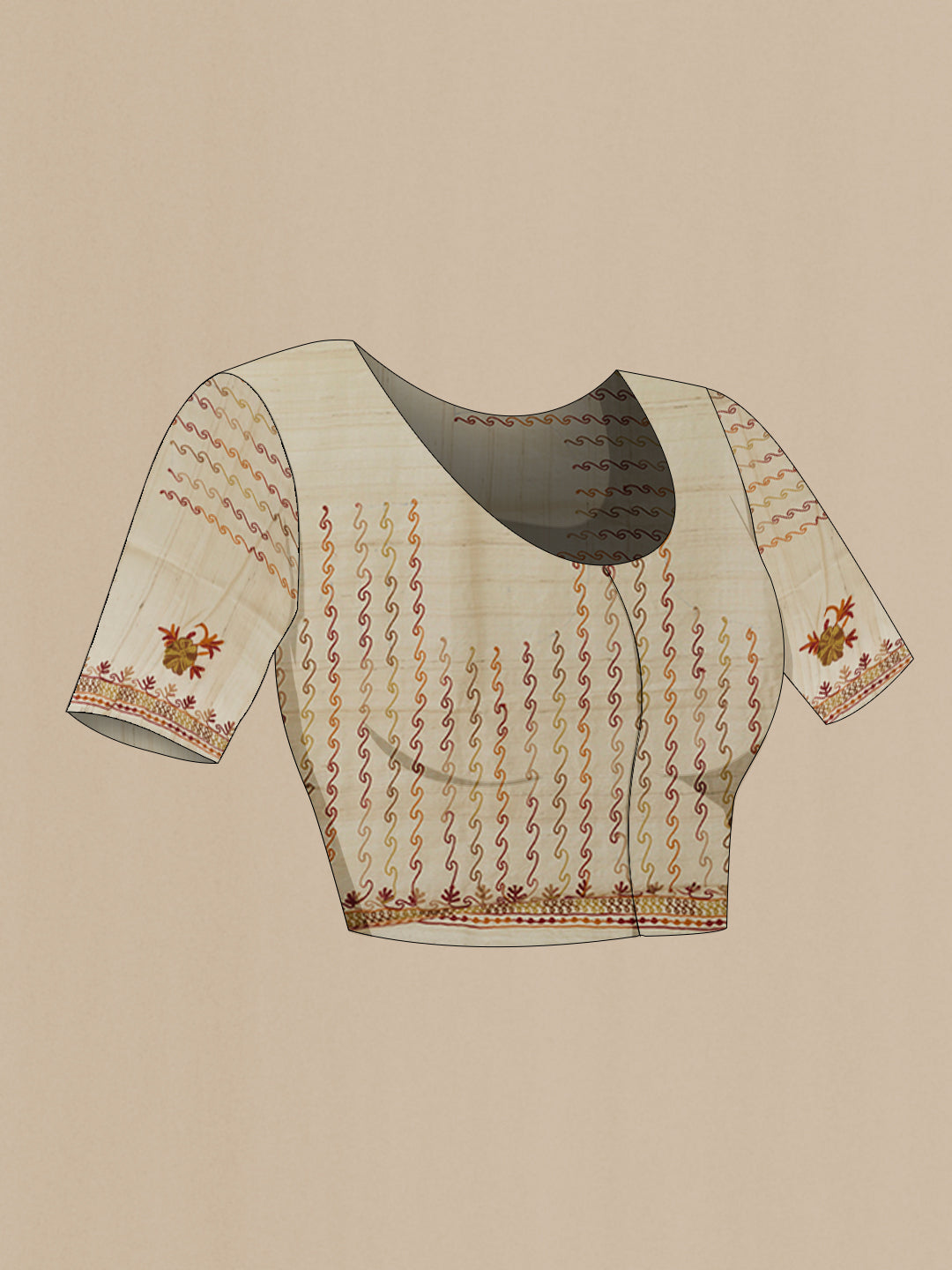 Close up image of the blouse of Beige Tussar Silk Saree with Embroidery on the body and Embroidery Border. 