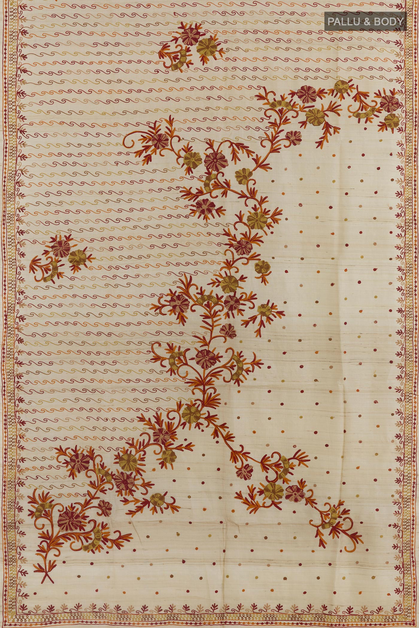 Flat view of Beige Tussar Silk Saree with Embroidery on the body and Embroidery Border. 