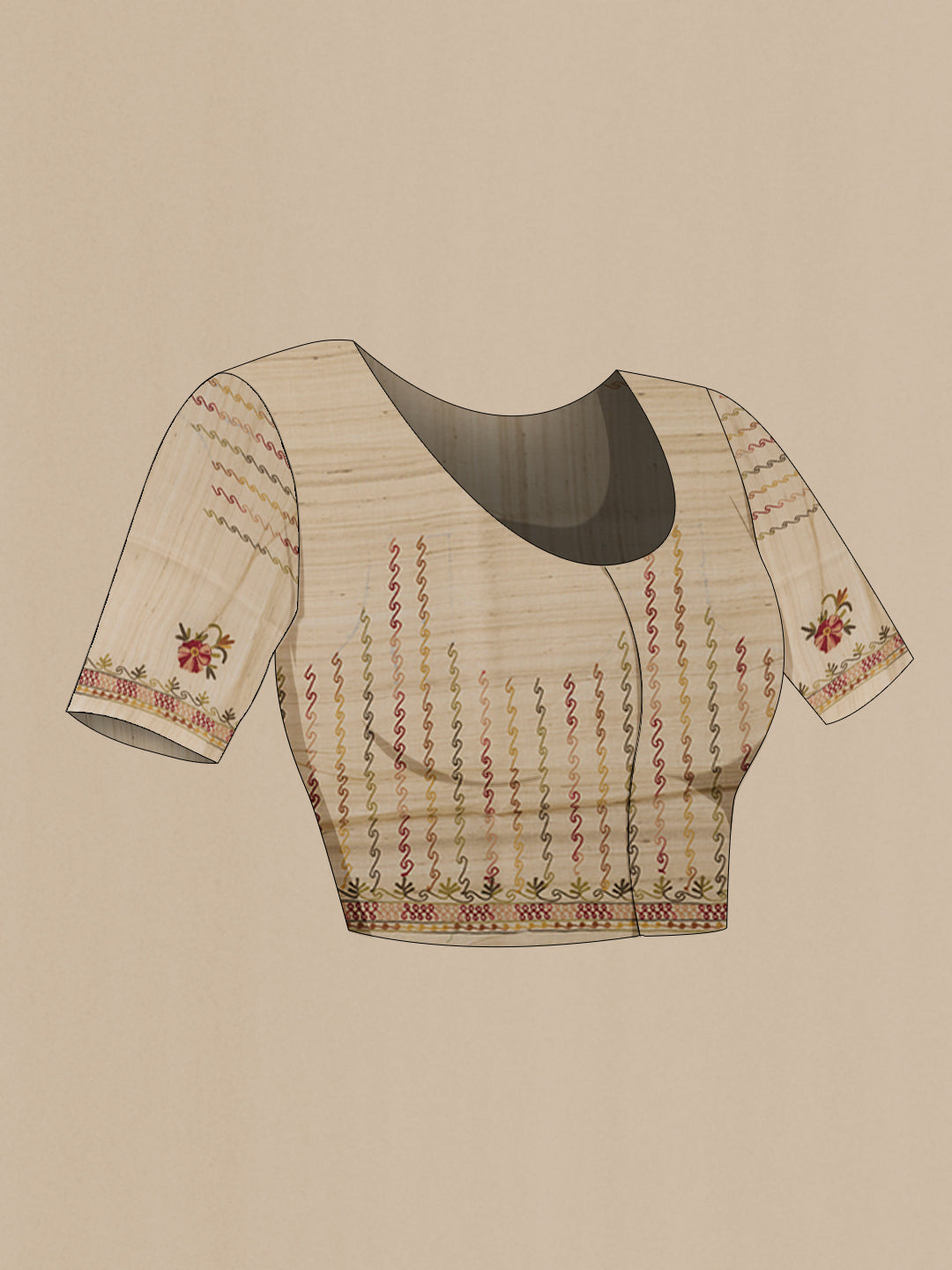 Close up image of the blouse of Beige Tussar Silk Saree with Embroidery on the body and Embroidery Border. 