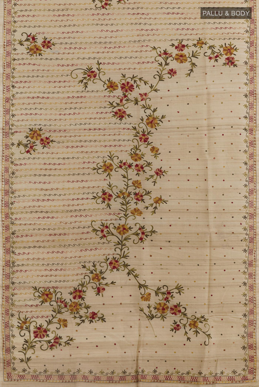 Flat view of Beige Tussar Silk Saree with Embroidery on the body and Embroidery Border. 