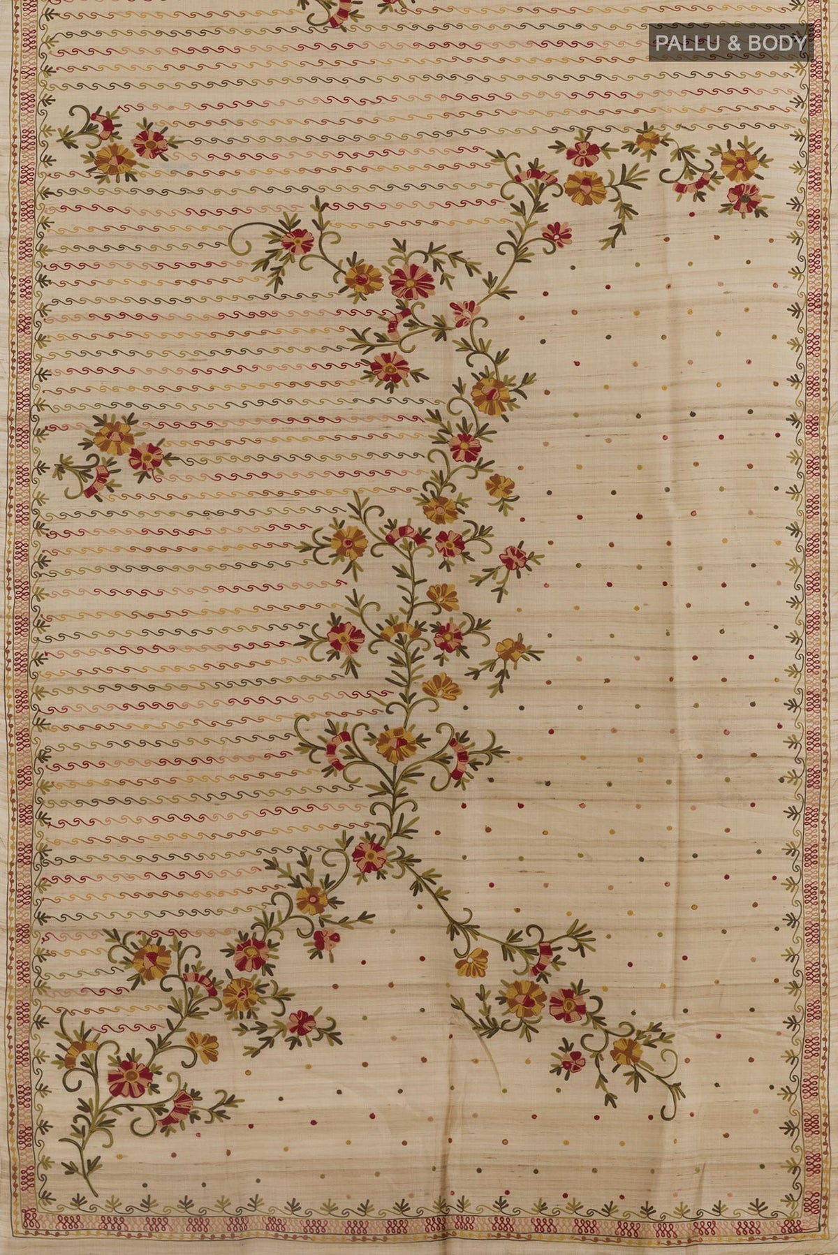Flat view of Beige Tussar Silk Saree with Embroidery on the body and Embroidery Border. 