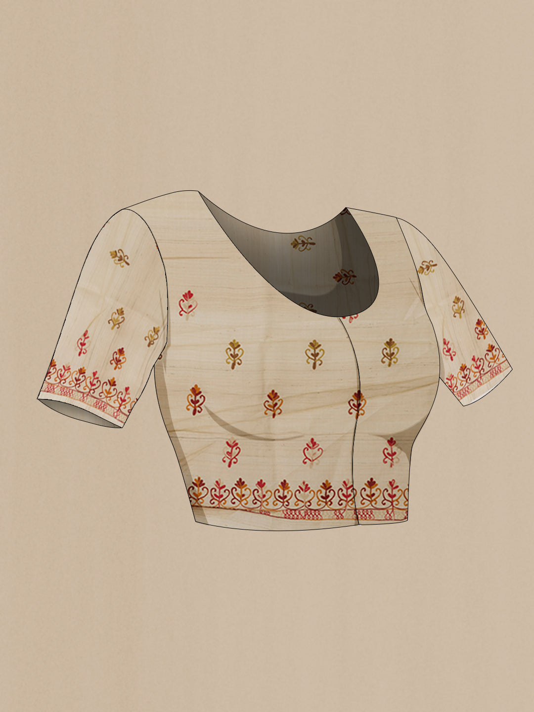 Close up image of the blouse of Beige Tussar Silk Saree with Embroidery on the body and Embroidery Border. 