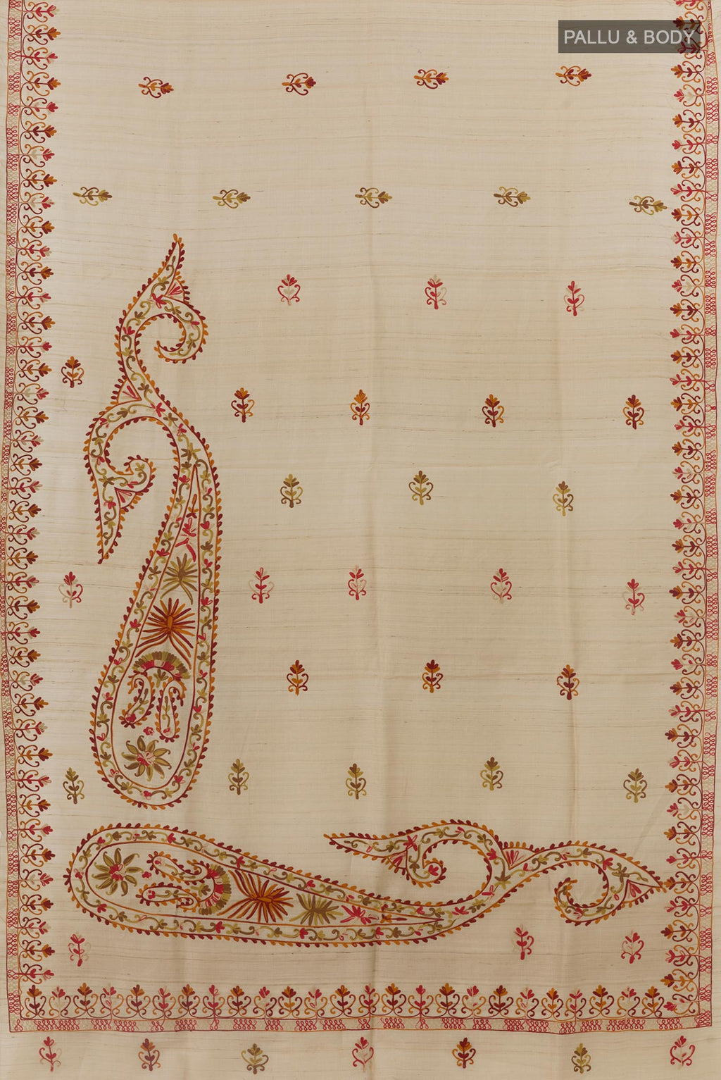 Flat view of Beige Tussar Silk Saree with Embroidery on the body and Embroidery Border. 