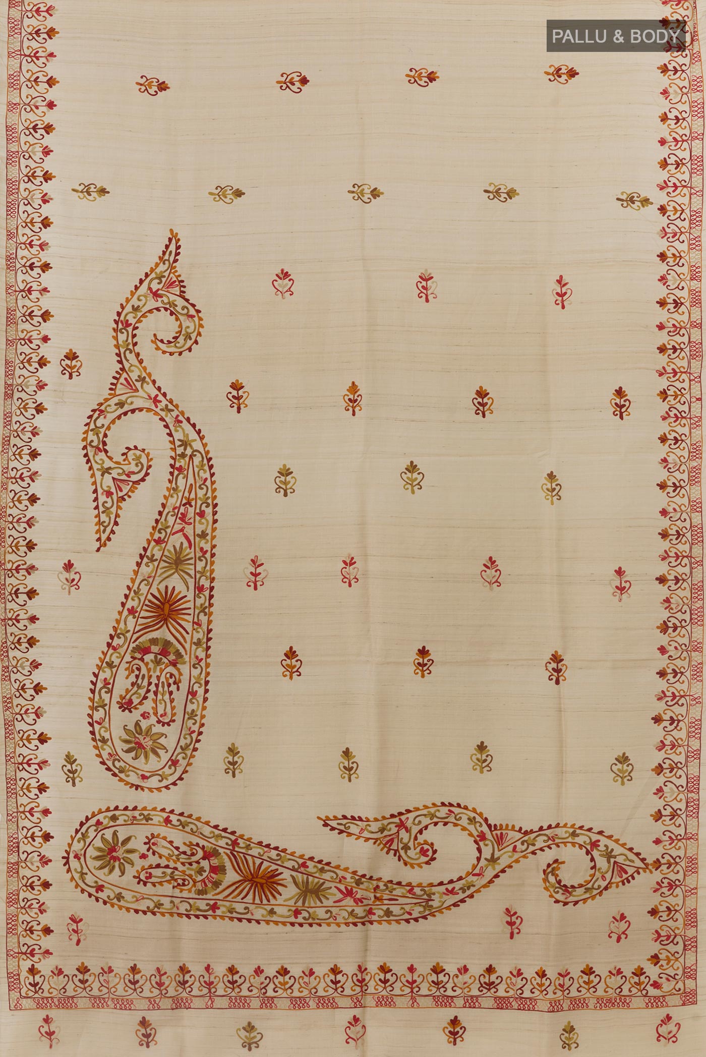 Flat view of Beige Tussar Silk Saree with Embroidery on the body and Embroidery Border. 