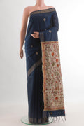 Blue Tussar Silk Saree with Thread Butta on the body and Zari Border.  displayed on a mannequin
