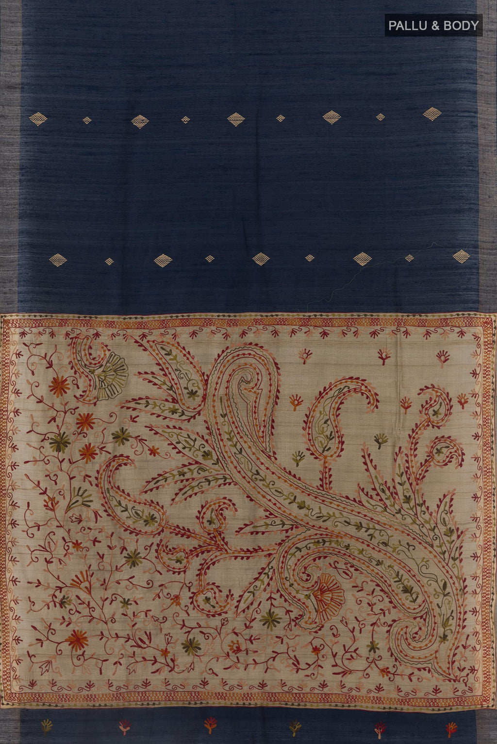 Flat view of Blue Tussar Silk Saree with Thread Butta on the body and Zari Border. 