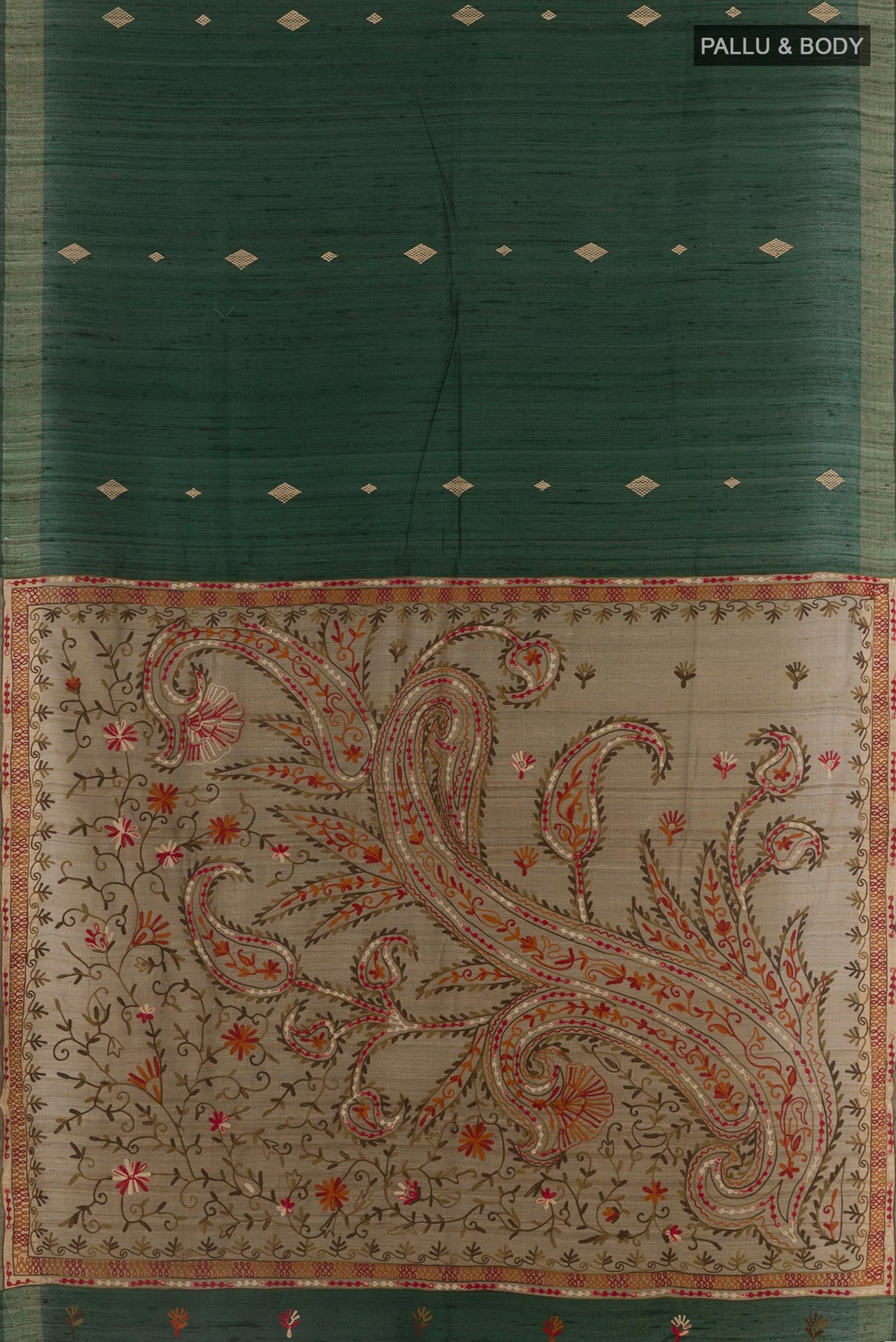 Flat view of Bottle Green Tussar Silk Saree with Thread Butta on the body and Zari Border. 