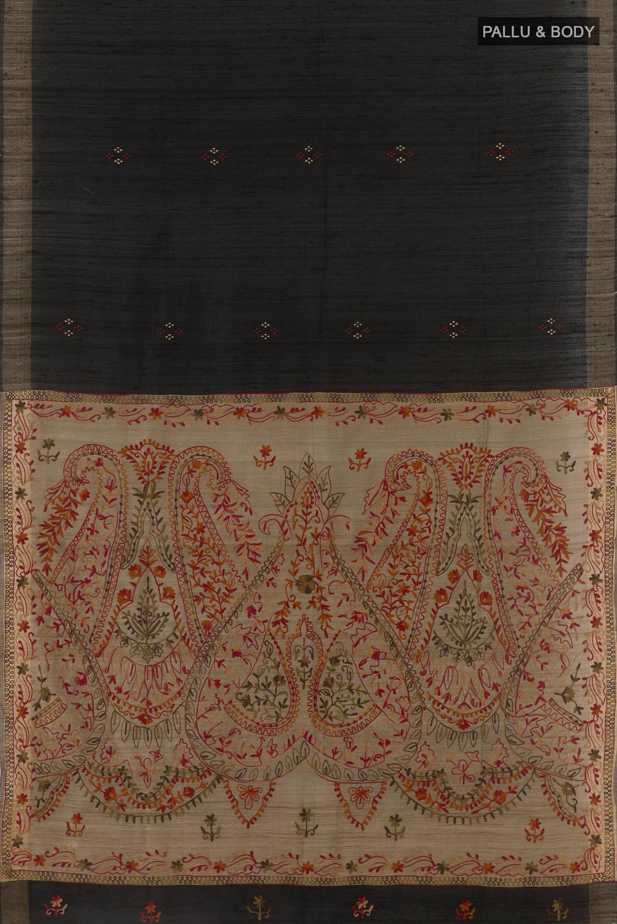 Flat view of Black Tussar Silk Saree with Thread Butta on the body and Zari Border. 
