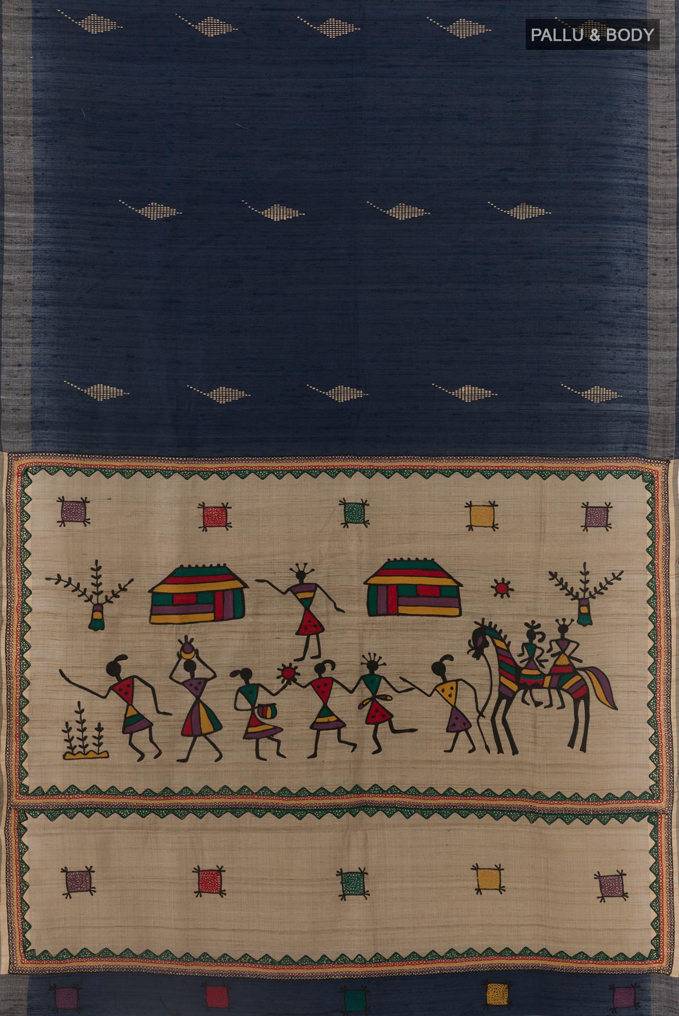 Flat view of Navy Blue Tussar Silk Saree with Thread Butta on the body and Zari Border. 