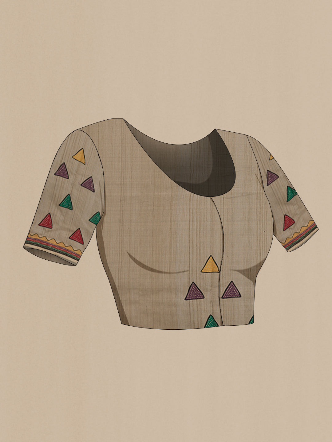 Close up image of the blouse of Brown Tussar Silk Saree with Thread Butta on the body and Zari Border. 